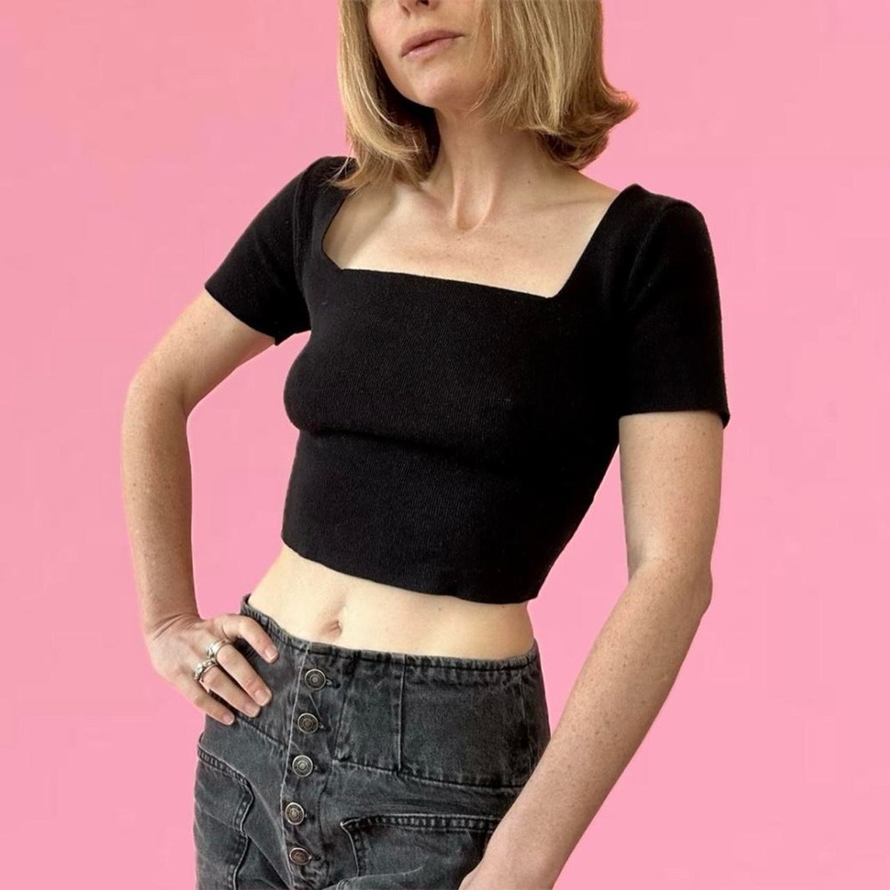 Black Square Neck Cropped Knit Top - Women